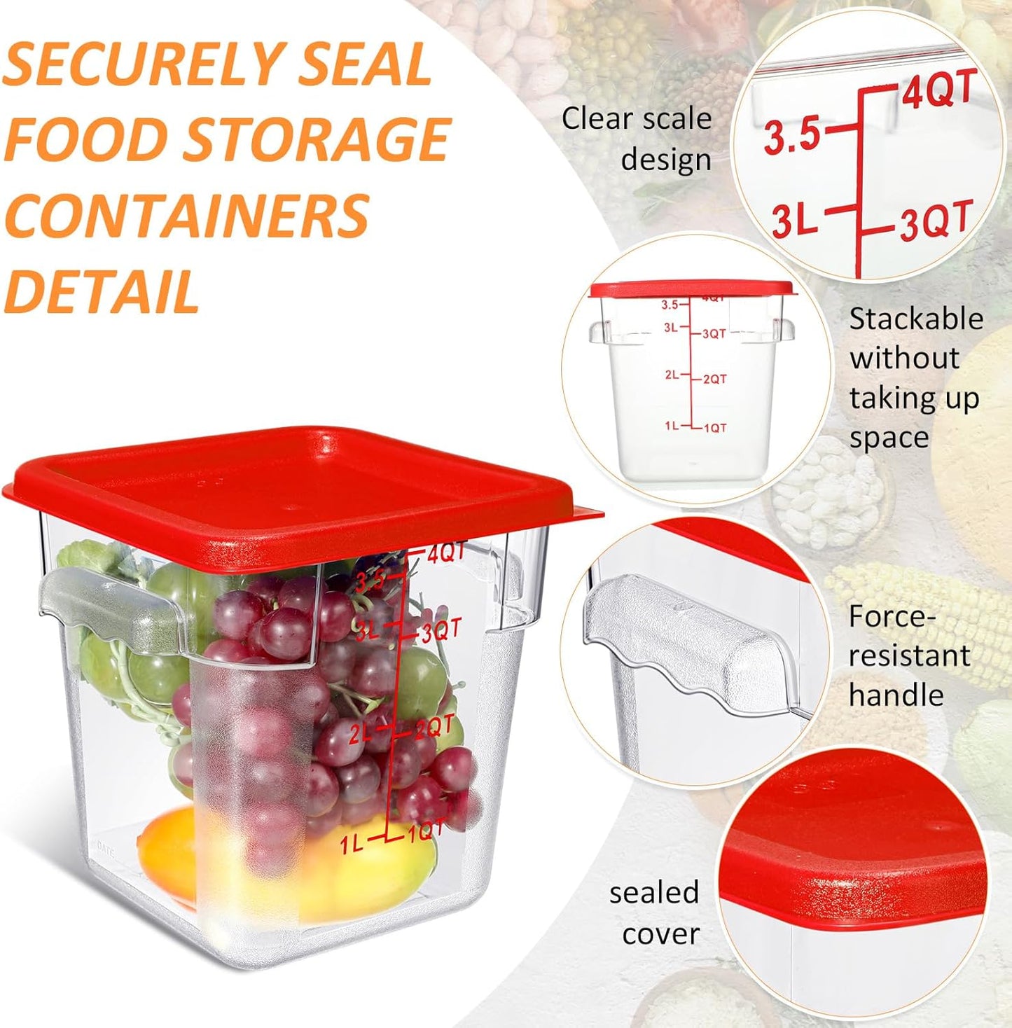 Yungyan 6 Pcs Commercial Clear Food Storage Containers 4 Qt Square Acrylic Airtight Food Storage Containers with Lids for Kitchen Restaurant Pantry Freezer Flour Sugar(Red)