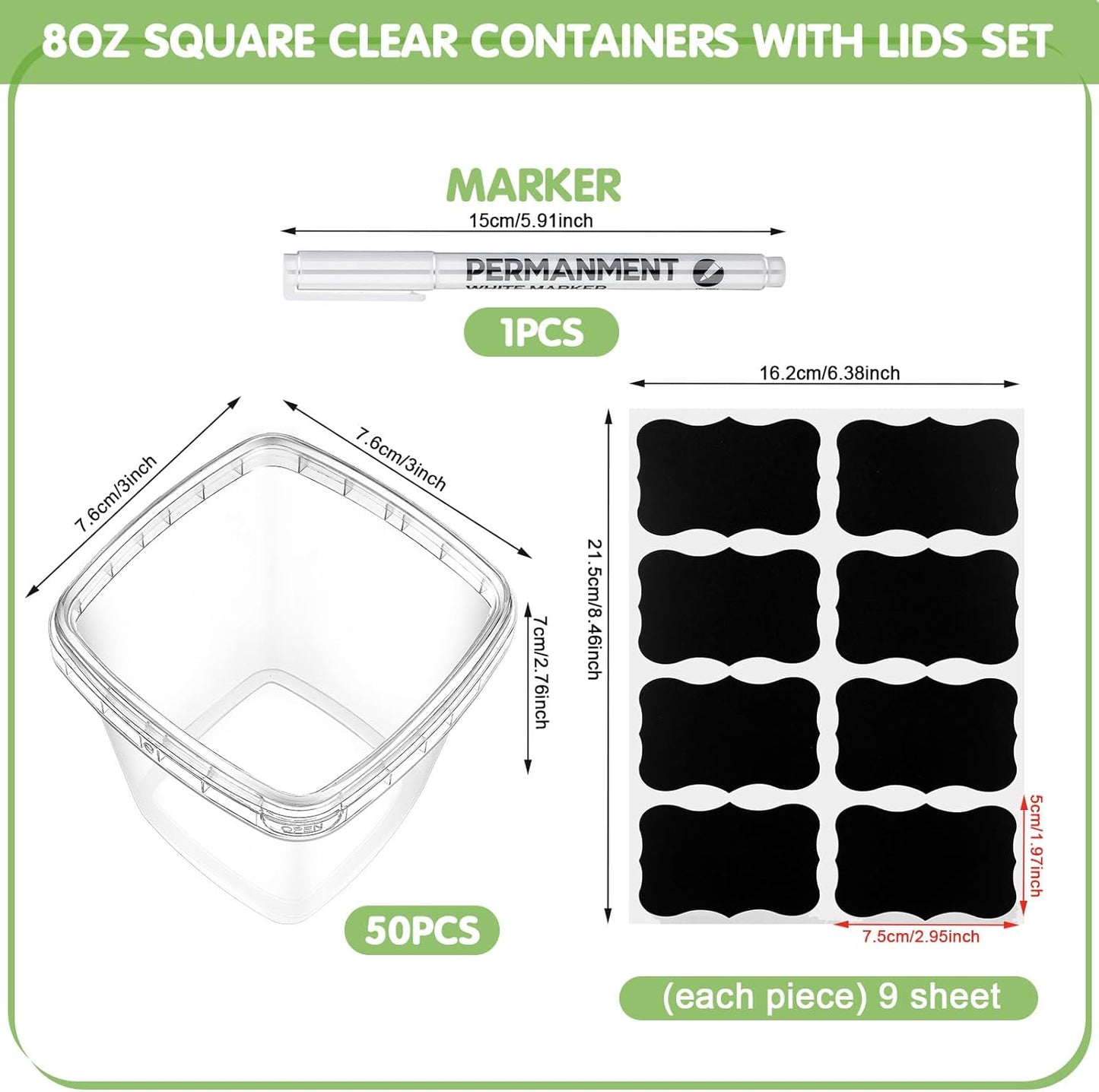 Jinei 50 Pcs Plastic Deli Containers with Lids Clear Square Food Storage Containers Stackable Airtight Square Container with Lids with 9 Labels and Marker for Kitchen Storage Meal Take out (8 oz)