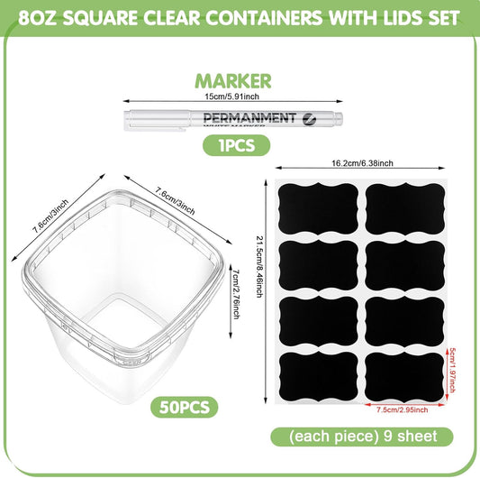 Jinei 50 Pcs Plastic Deli Containers with Lids Clear Square Food Storage Containers Stackable Airtight Square Container with Lids with 9 Labels and Marker for Kitchen Storage Meal Take out (8 oz)