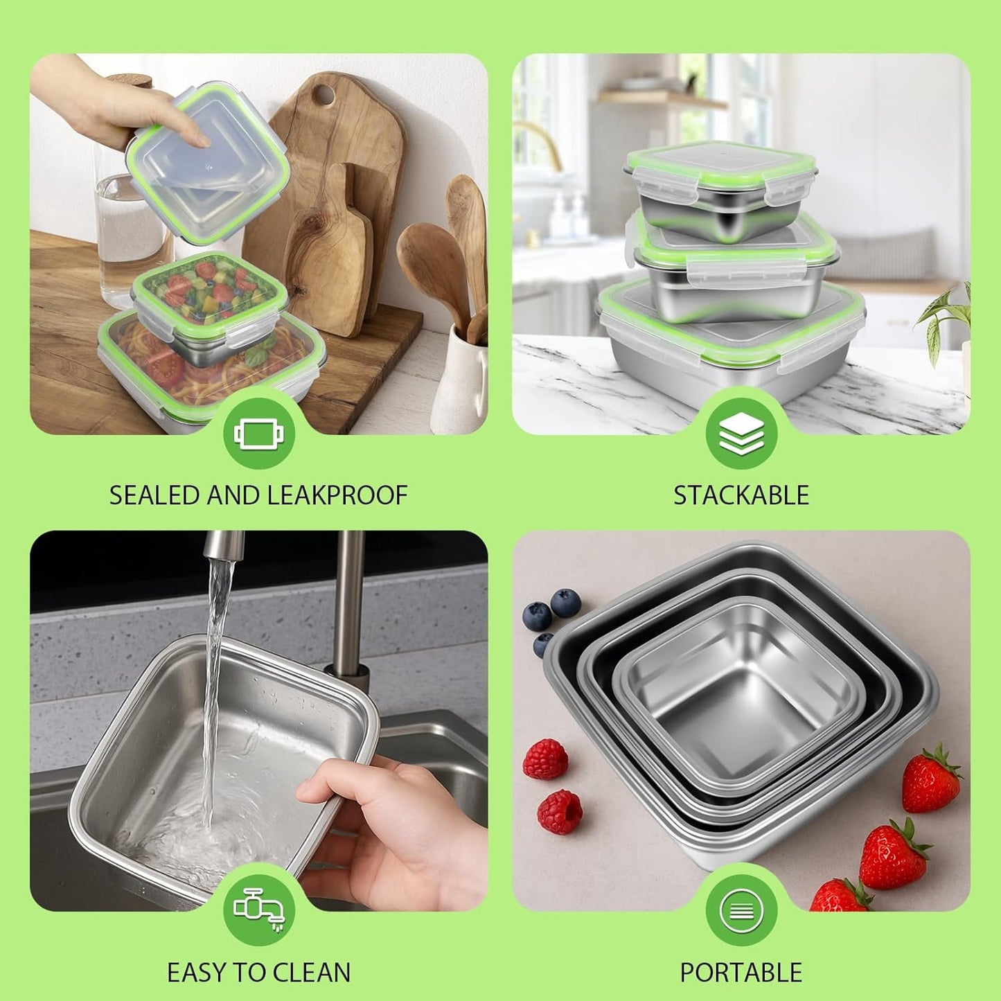 3 Pack Stainless Steel Sandwich Containers with Leak-Proof Lids, BPA-Free Airtight Metal Food Storage Boxes for Lunch, Snacks, Meal Prep – Reusable, Stackable, Dishwasher & Freezer Safe(Green)