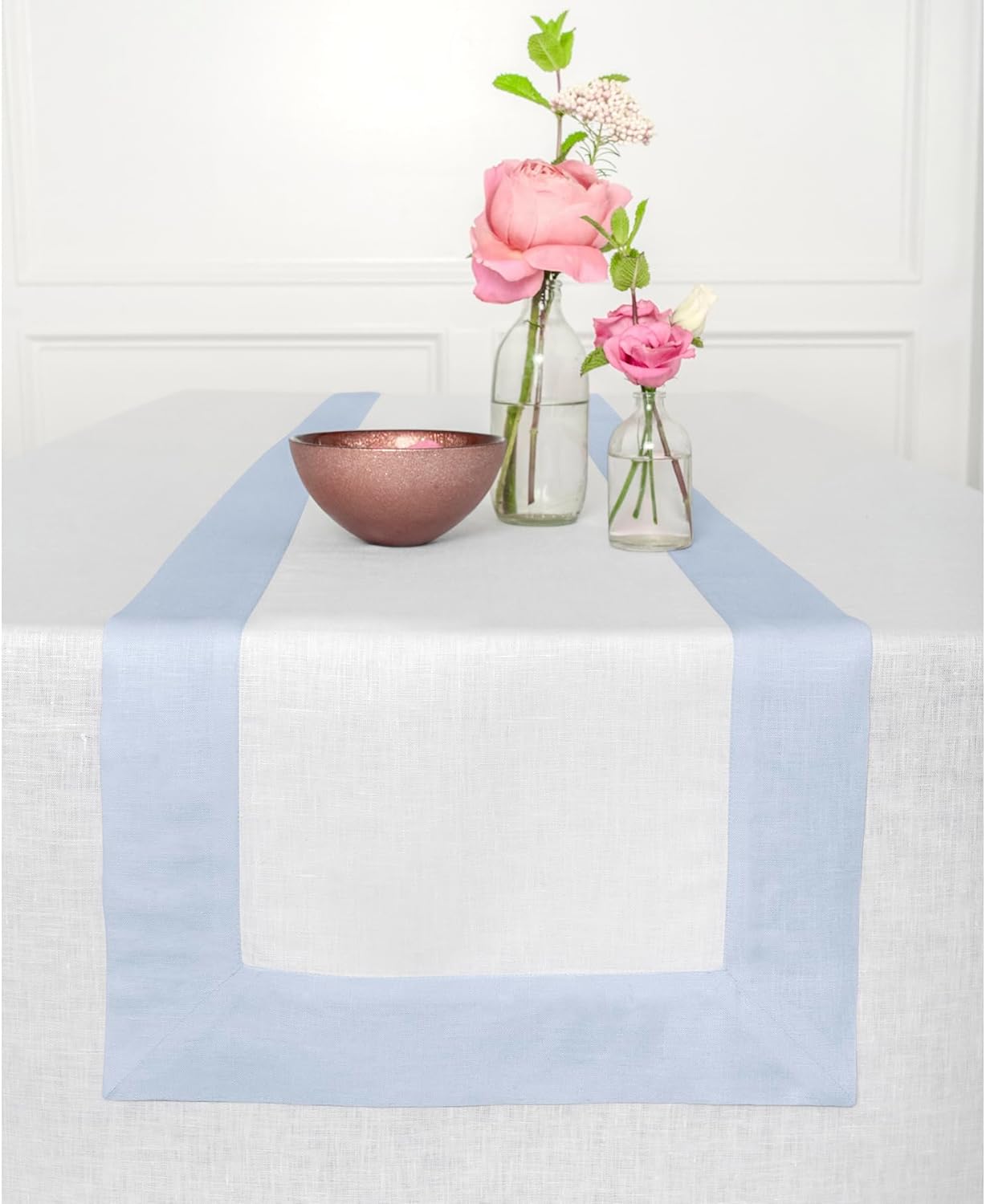 Solino Home Linen Table Runner 48 Inches - 100% Pure Linen Light Blue and White Table Runner 14 x 48 Inch Ideal for Dresser and Coffee Tables - Contempo