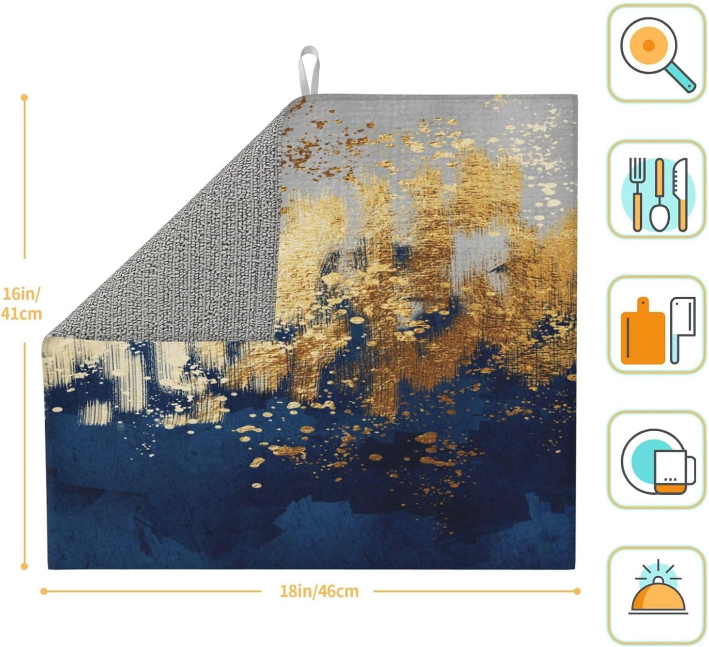 Navy Blue Gold Abstract Art Dish Drying Mat for Kitchen Counter, Absorbent Microfiber Drying Pad for Dishes, Washable Foldable Modern Kitchen Mat for Dining Area & Home Decor, 16" x 18" Blue Gold