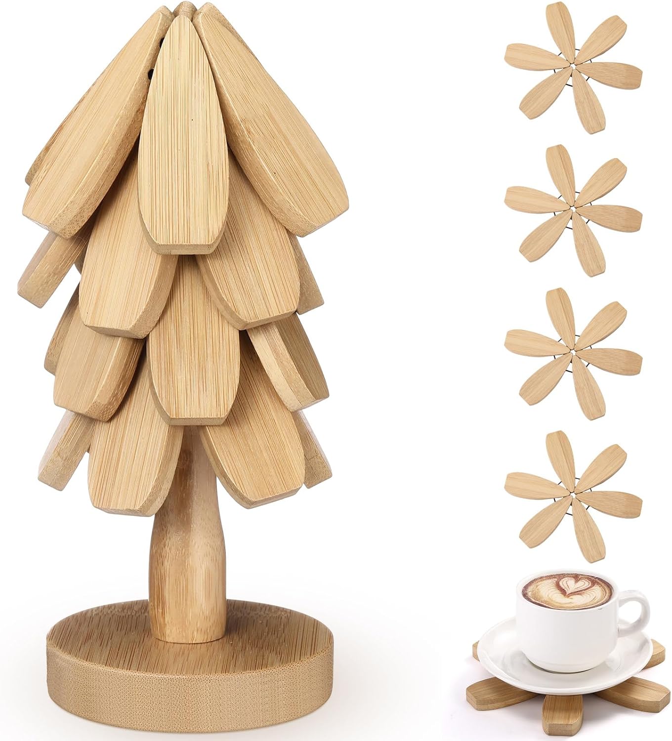 Wooden Tree Coaster Trivets Wood Trivets Set for Hot Dishes Set of 4 Christmas Tree Shape Foldable Wooden Coaster and 1 Stand Natural Trivet for Cups Plates Bowls Pots(Burly Wood Color)