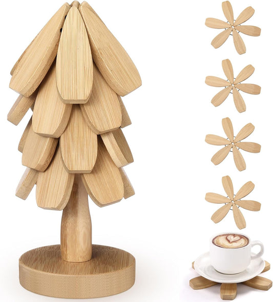 Wooden Tree Coaster Trivets Wood Trivets Set for Hot Dishes Set of 4 Christmas Tree Shape Foldable Wooden Coaster and 1 Stand Natural Trivet for Cups Plates Bowls Pots(Burly Wood Color)