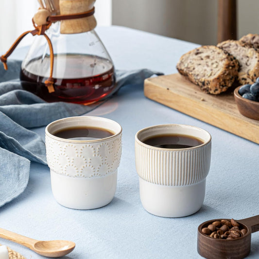 Espresso Cups Set of 2, 4oz Espresso Shot Cups, Mini Coffee Mugs Farmhouse Decor, Espresso Cup Perfect for Espresso Machine, Microwave and Dishwasher Safe，（Embossed Stripes+Firework）