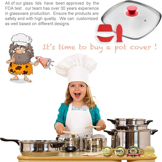 FOLI Square Glass Lid for Grill Pans with Steam Vent Hole - Fits Lodge Cast Iron Skillets 10.5inch/26.67cm Silicone Potholder- Square Tempered Glass Lid - Universal Replacement Cover Silicone Knob