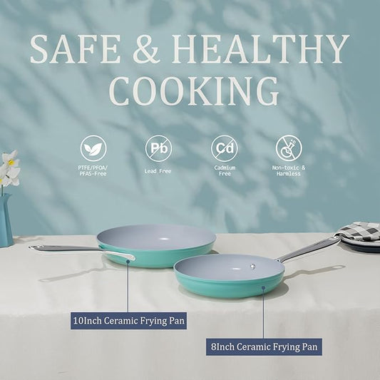 Nonstick Ceramic Frying Pan 8" for All Stovetops, PTFE/PFOA/PFAS Free, Even Heat Distribution Oven Safe up to 500°F, Healthy Non Toxic Skillet w/ Ergonomic Stainless Steel Handle, Caribbean Blue