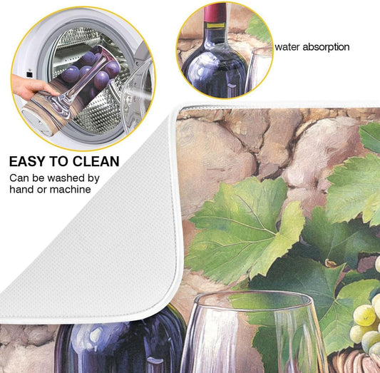 Wine Bottle Wine Glass Grapes Dish Drying Mat for Kitchen Counter Super Absorbent Dishes Pad Reversible Microfiber Protector Dish Draining Mats 18x24 inch