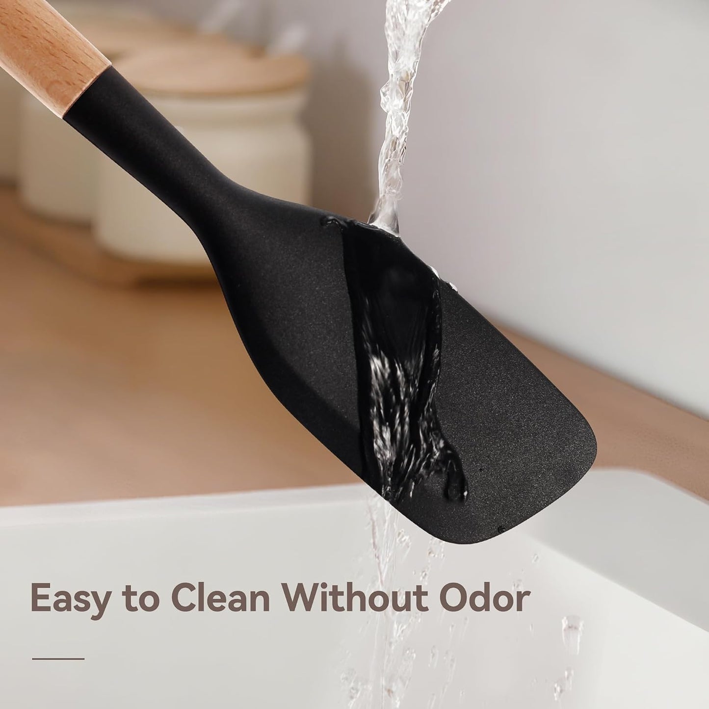 Kitchen Utensils Set, Large Non-stick Silicone Cooking Utensils Set 6 Pcs, Wooden Handle Heat Resistance Silicone Spatula Soup Ladle Pasta Server Kitchen Gadgets Utensils Set BPA Free (Black)