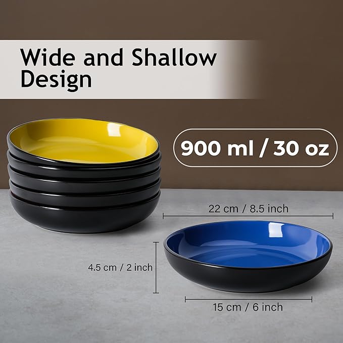 MIAMIO – 30 Oz / 8.6 Inch Set of 6 Pasta Bowls/Salad Bowls, Pasta Plates Wide and Shallow Bowl, Large Ceramic Stoneware Deep Plate Serving Soup - Le Papillon Collection (Mixed)