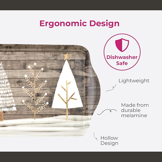 Pimpernel Home Collection Rectangular Melamine Tray – (15" x 6.5") Lightweight Serving Platter with Wood Finish & White Evergreen Design, Decorative Accent for Tabletop, Dining & Entertaining