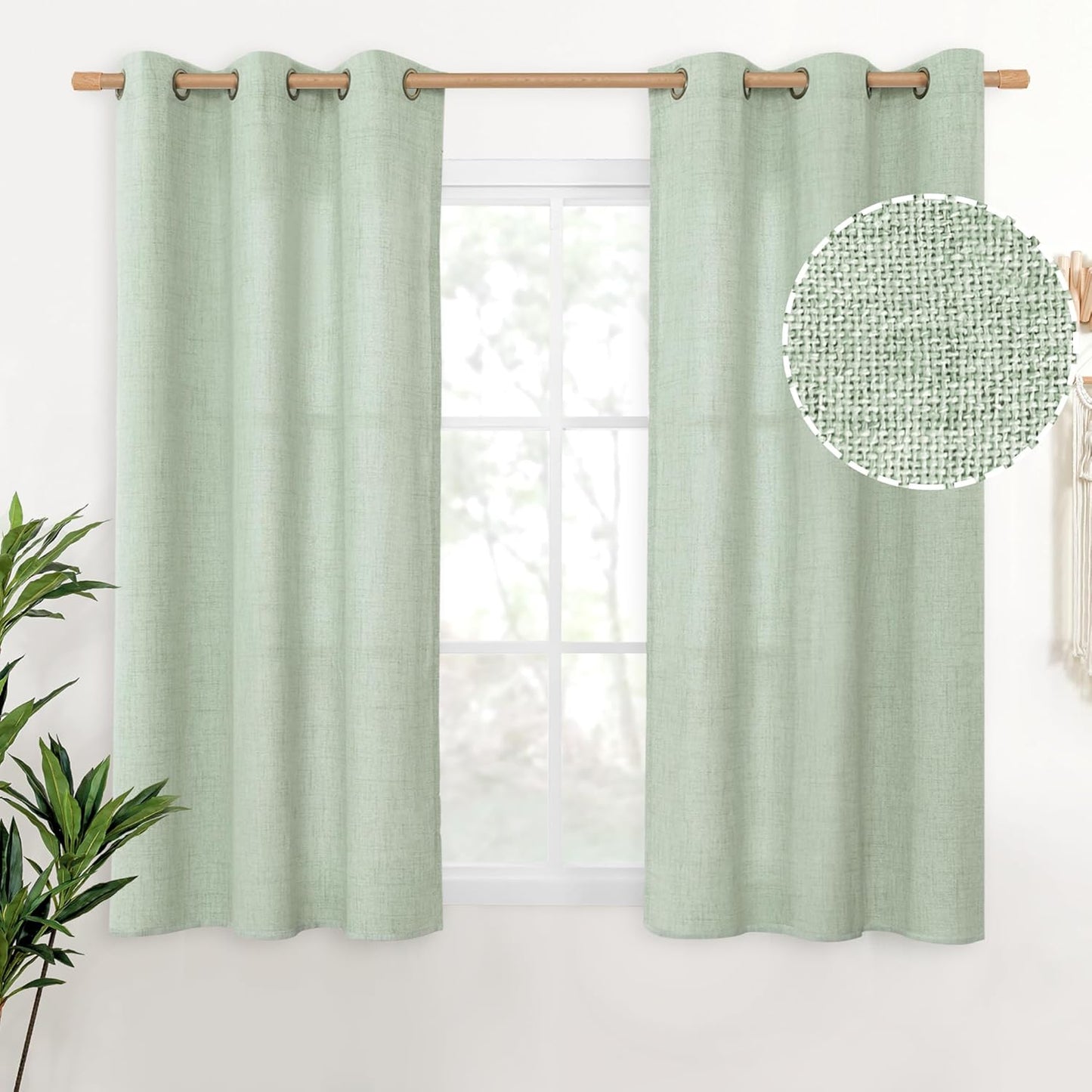 YoungsTex Sage Green Linen Curtains 45 Inches Length for Kitchen Window, Textured Semi Sheer Drapes with Bronze Grommet Light Filtering for Bathroom Cafe Bedroom, 42 x 45 Inch, 2 Panels