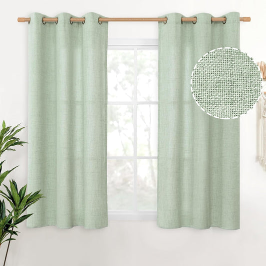 YoungsTex Sage Green Linen Curtains 45 Inches Length for Kitchen Window, Textured Semi Sheer Drapes with Bronze Grommet Light Filtering for Bathroom Cafe Bedroom, 42 x 45 Inch, 2 Panels