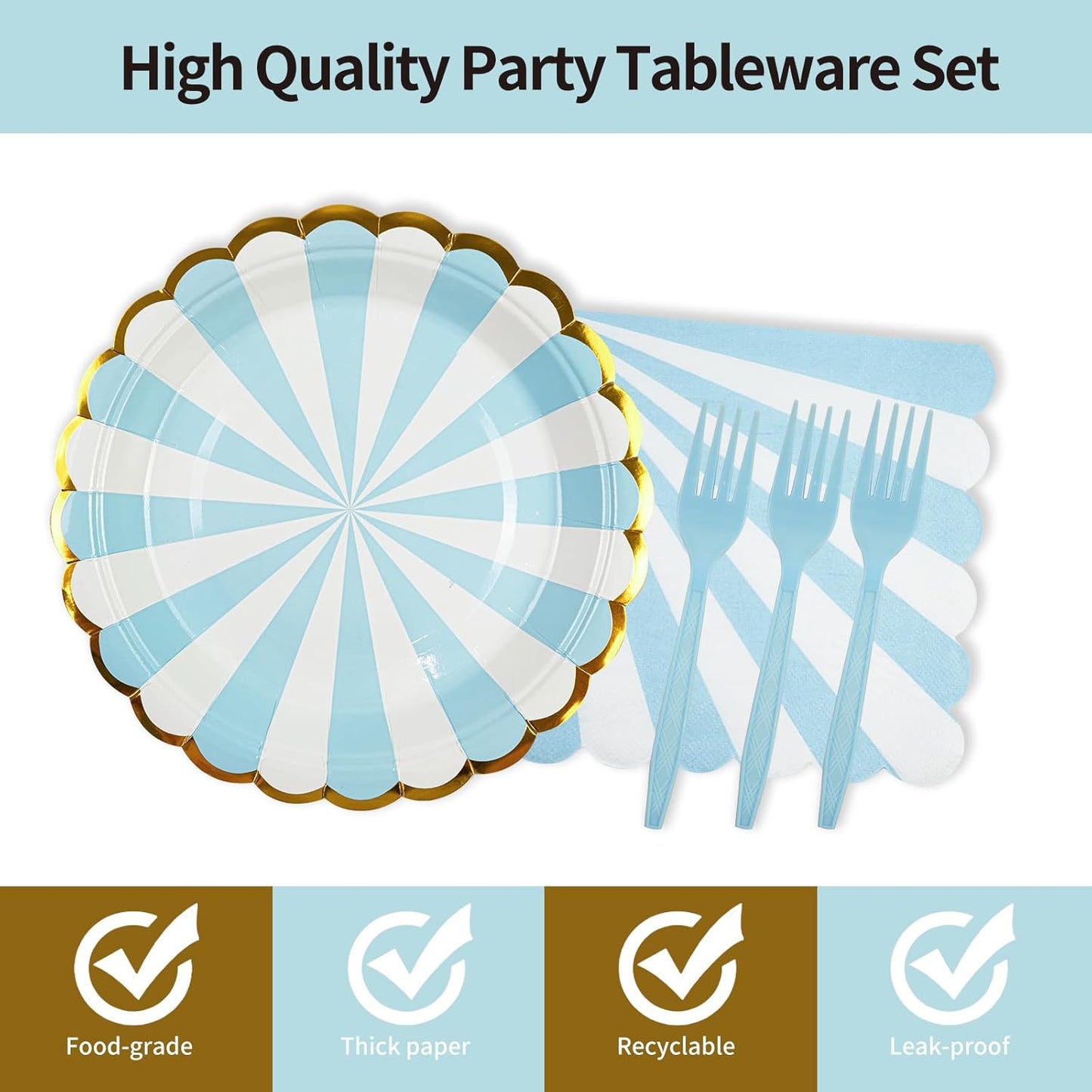 72PCS Blue Paper Plates and Napkins Party Supplies, Gold Foil Edge Scalloped Striped Paper Plates Napkins Disposable Tableware Set for Birthday Wedding Baby Shower Party Decoration (Blue)
