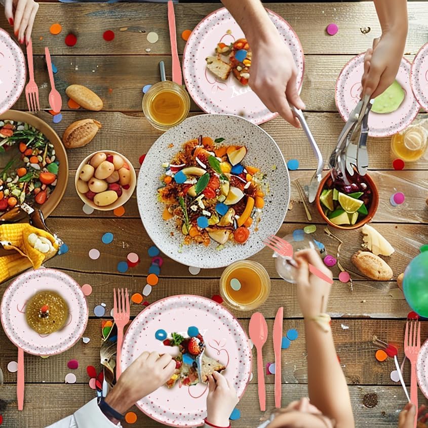 140 Pcs Pink Rose Gold Birthday Decorations for Women Golden Dot Paper Plates Napkins Cups for Baby Shower Decorations Serves 20