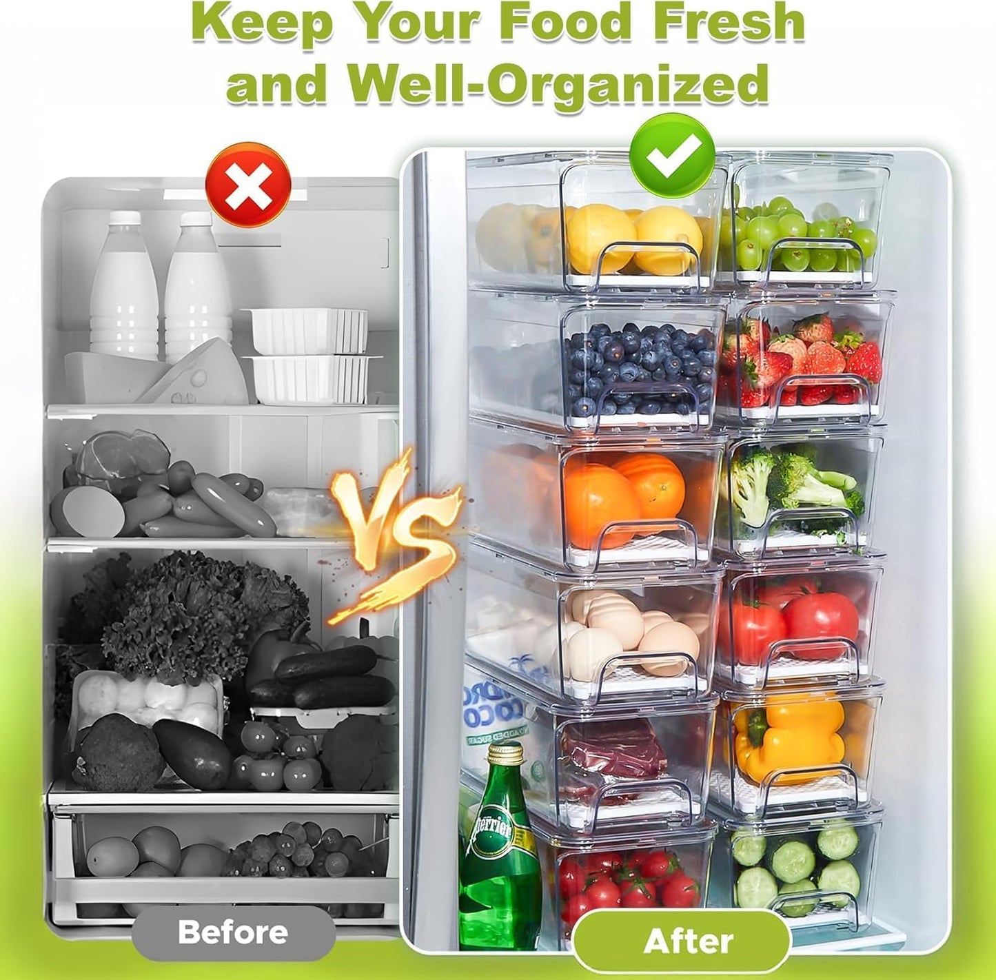 6-Pack Fridge Drawer Organizer, Pull-out Stackable Refrigerator Organizers and Storage, Clear Fruit Storage Containers Bins with Drain Tray for Kitchen Cabinet, Pantry Organization