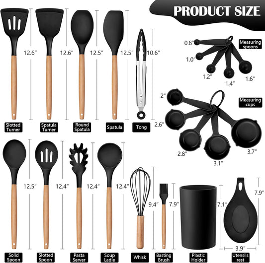HaWare Kitchen Cooking Utensils Set, 23-Piece Silicone Kitchen Utensils Spatula Set with Holder, Heat Resistant Wooden Handle Kitchen Gadget for Nonstick Cookware, Food-grade Turner Spoon Sets (Black)