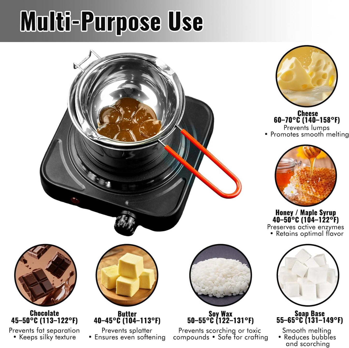 Double Boiler Pot, Stainless Steel Chocolate Melting Pot with 1000W Electric Hot Plate, Multi-Functions Portable Burners for Cooking Candy Wax Soap Candy Butter Cheese and Candle Making