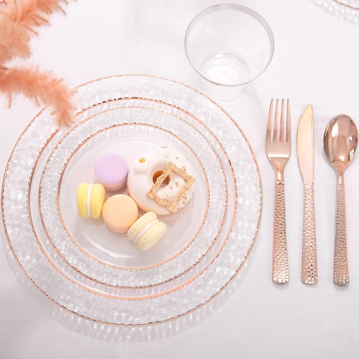 Ciaell 150PCS Rose Gold Plastic Plates – Disposable Plates with Rose Gold Plastic Silverware include 50Plates, 25Forks, 25Knives, 25Spoons, 25Cups for Wedding & Party