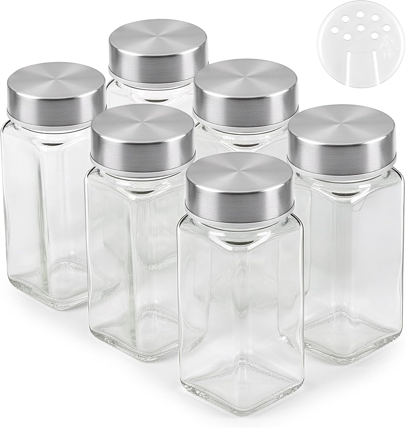 Glass Spice Jars and stainless Steel Lids (6 x 4oz) Spice Containers with Shaker Inserts - Add-On Pack Without Labels or Accessories
