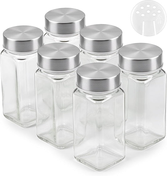 Glass Spice Jars and stainless Steel Lids (6 x 4oz) Spice Containers with Shaker Inserts - Add-On Pack Without Labels or Accessories