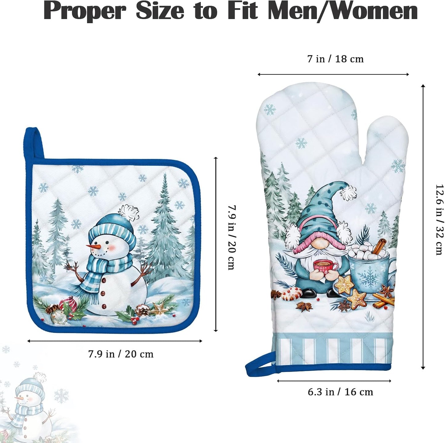 Winter Gnome Oven Mitts and Pot Holders Sets 2Pcs, 100% Cotton Heat Resistant, Extra Long Oven Gloves Potholder for Kitchen Cooking Baking Decoration