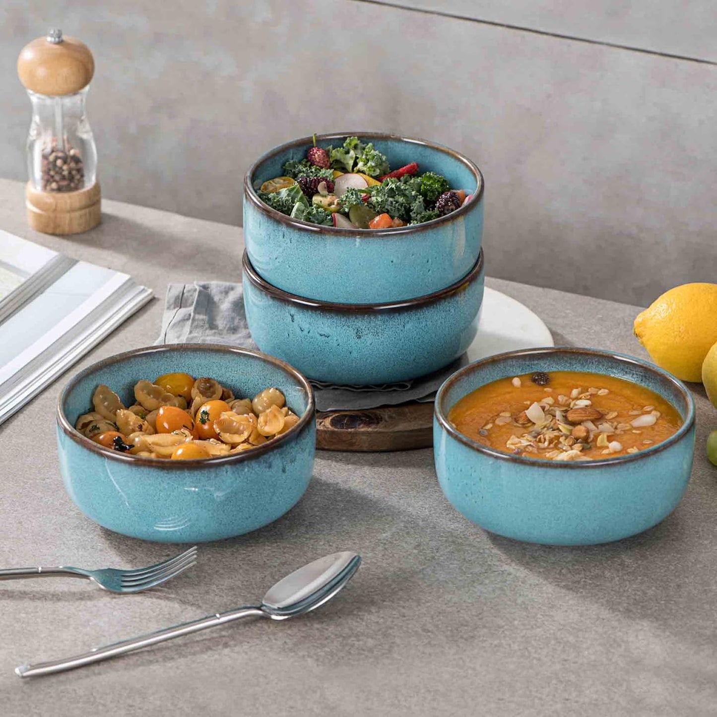 Henten Home Ceramic Cereal Bowl Set, 26 OZ Noodle Bowls Set of 4, Porcelain Salad Bowls for Kitchen, Reactive Glaze Serving Soup Bowls for Ramen, Oatmeal, Microwave Safe (Aqua)