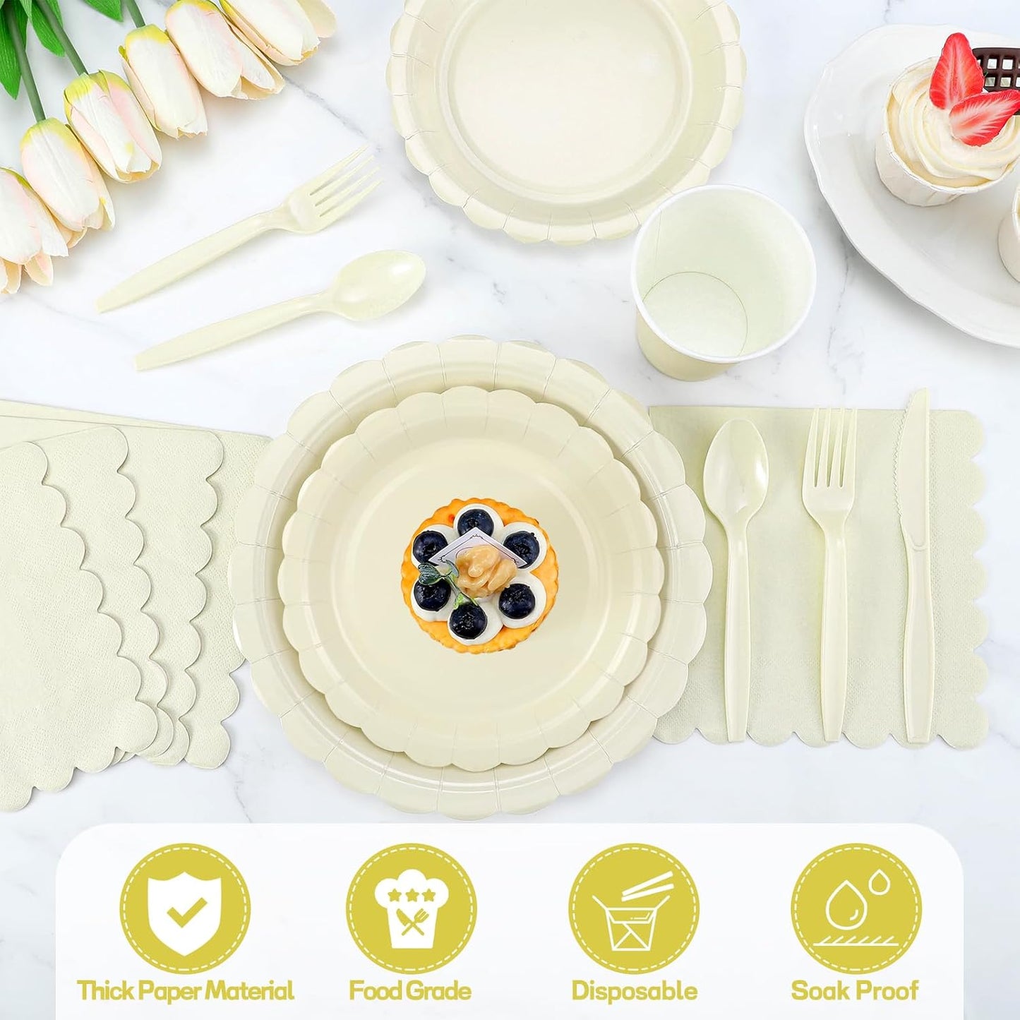 175 Pcs Ivory Plates and Napkins, Beige Party Supplies Include Scalloped Cream Paper Plates Napkins Cups Thanksgiving Plate Set for Birthday, Wedding, Bridal&Baby Shower