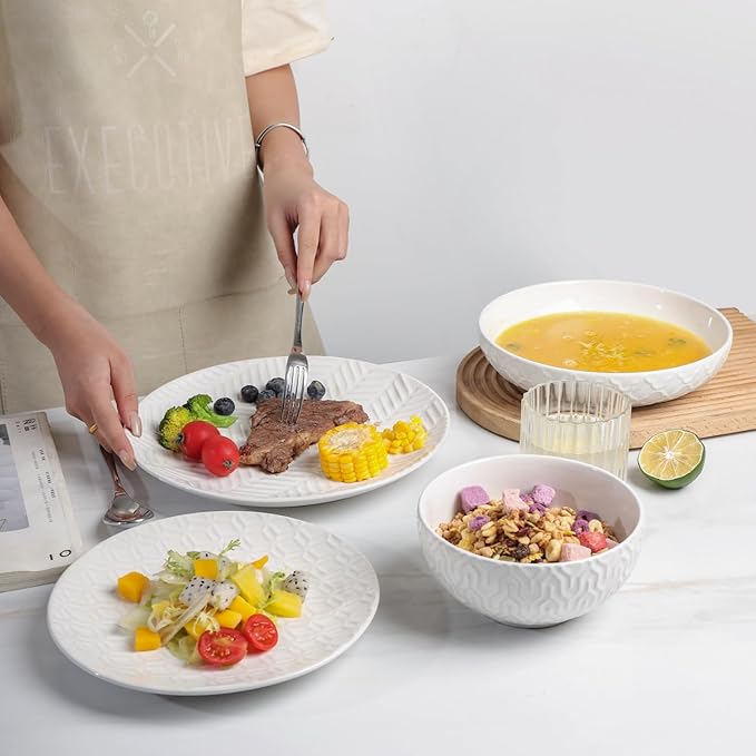 Sureasy Ceramic Plates and Bowls Sets, 24 Pieces Dinnerware Sets for 6, Embossed Scratch Resistant Dinner Set, Dishwasher and Microwave Safe, White