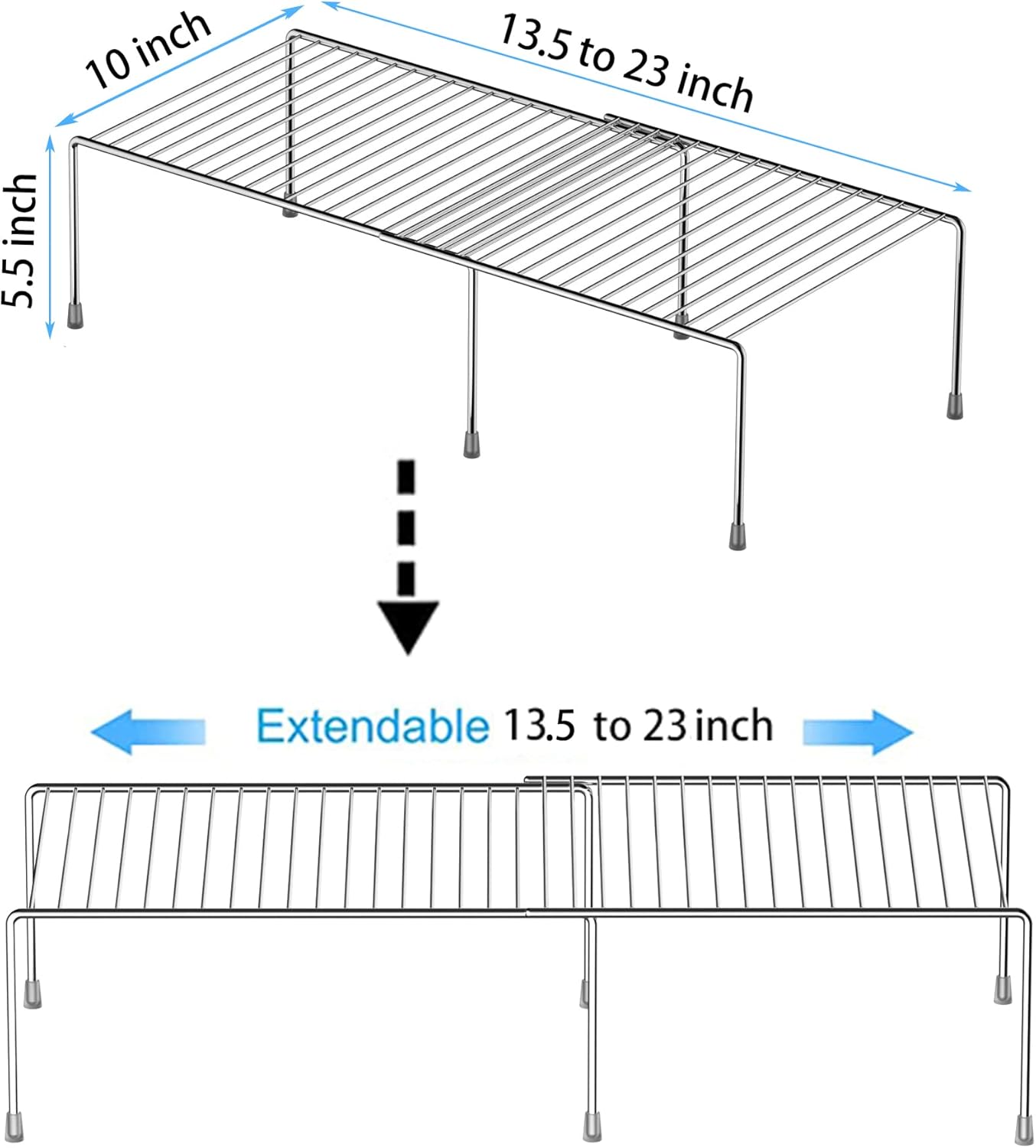 Redrubbit Cabinet Storage Shelf Rack, 4 Piece Expandable Metal Rustproof Kitchen Counter and Cabinet Shelf, Storage Rack Organizer Space Saver for Kitchen, Fridge, Cabinet, Bathroom, Chrome, Set of 2