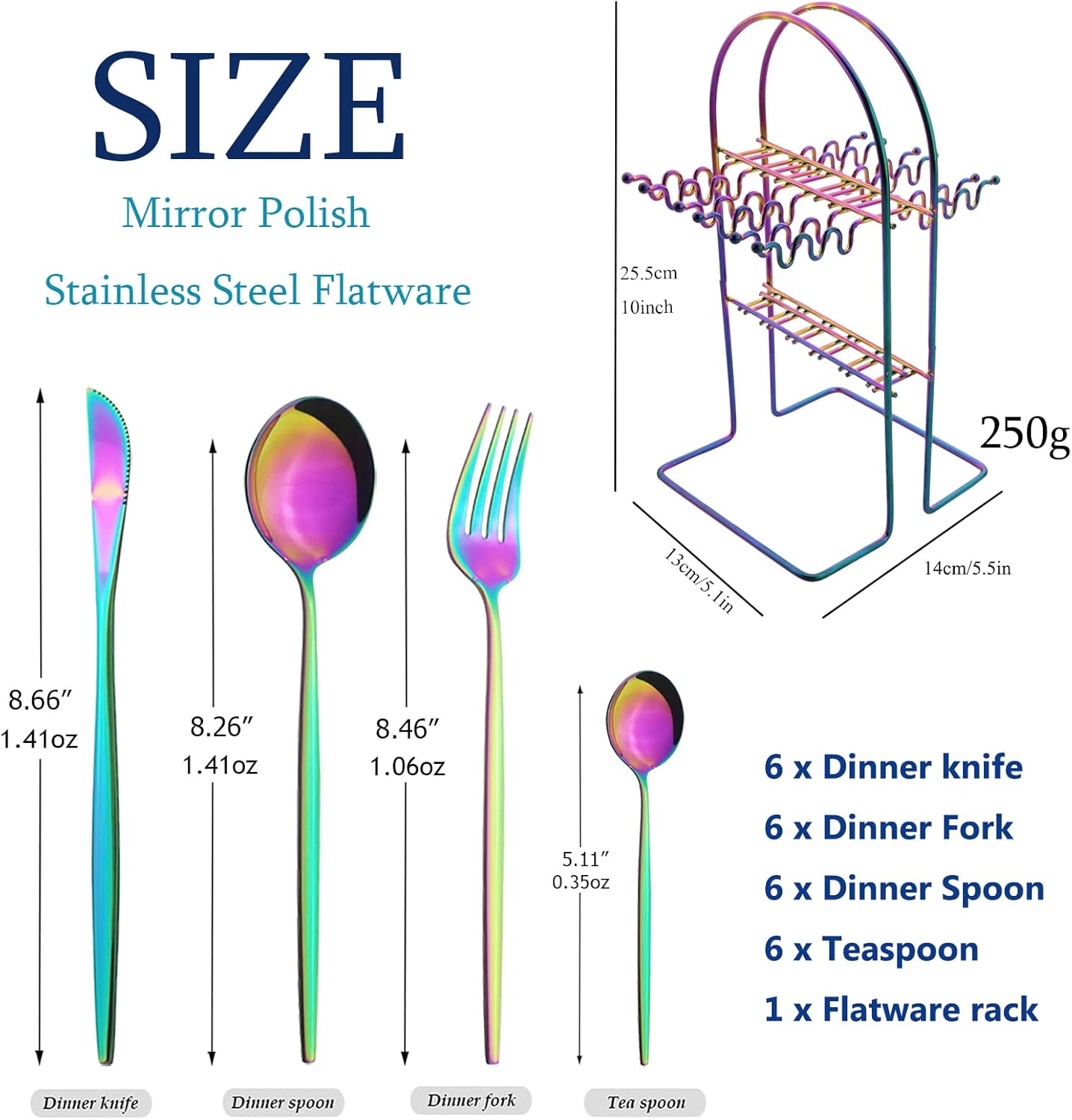 24-Piece Mirror Rainbow Cutlery Set, Snplowum Stainless Steel Flatware Hanging Tableware Silverware Set Include Knife/Fork/Spoon/Teaspoon and Storage Rack For Daily Use, Service For 6