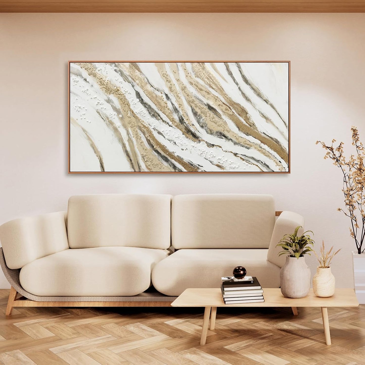 Abstract Canvas Wall Art Large Size Modern Art Paintings Abstract Painting With Golden And White Lines Minimalist Artwork Decor For Living Room Bedroom Corridor Framed 29" X 58"
