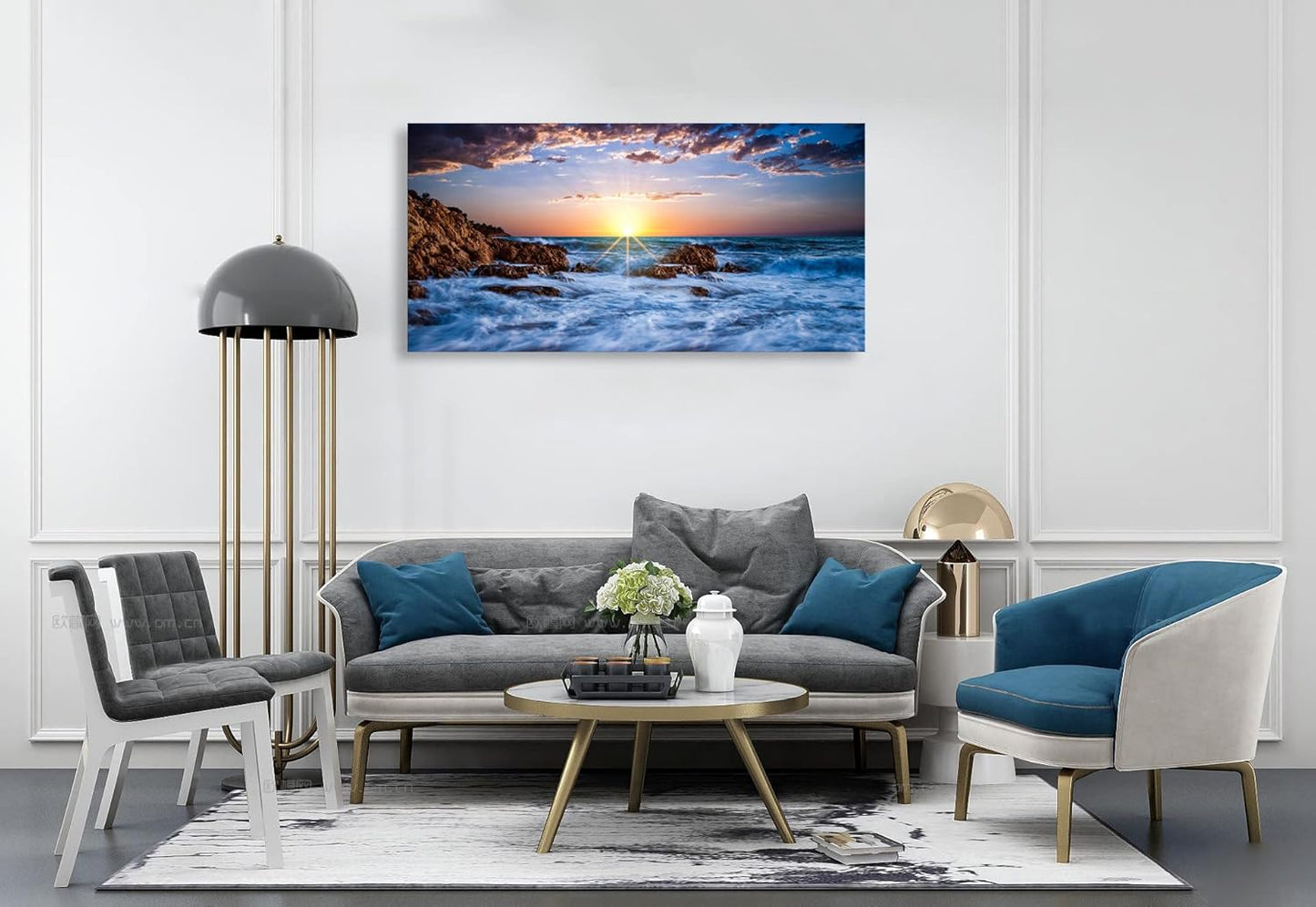 Muolunna BK05850 Wall Art Decor Canvas Print Picture Sunset Blue Ocean 1 Panel Sea Waves Scenery Painting Artwork for Office Wall Decor Home Decoration Stretched and Framed Ready to Hang 20x40inch