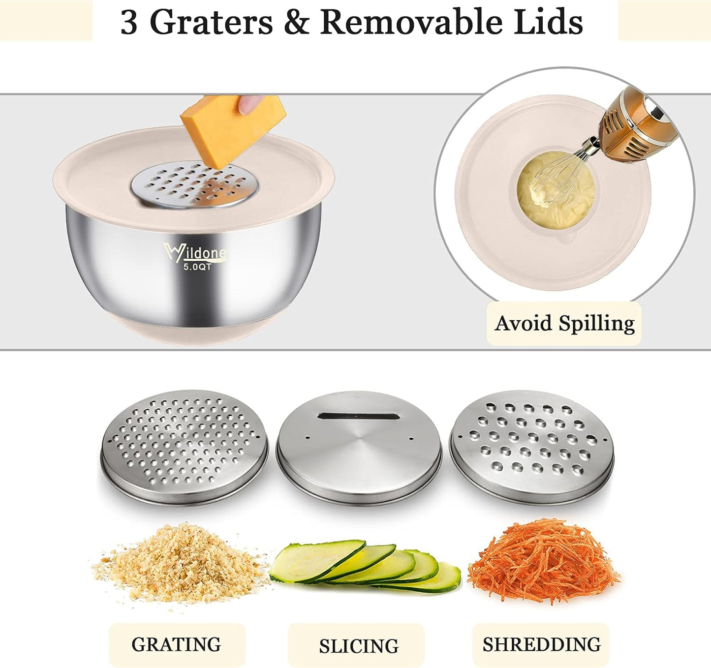 Wildone Mixing Bowls with Airtight Lids, 22 PCS Stainless Steel Nesting Bowls, with 3 Grater Attachments, Scale Marks & Non-Slip Bottom, Size 5, 4, 3, 2,1.5, 0.63QT, Ideal for Mixing & Prepping