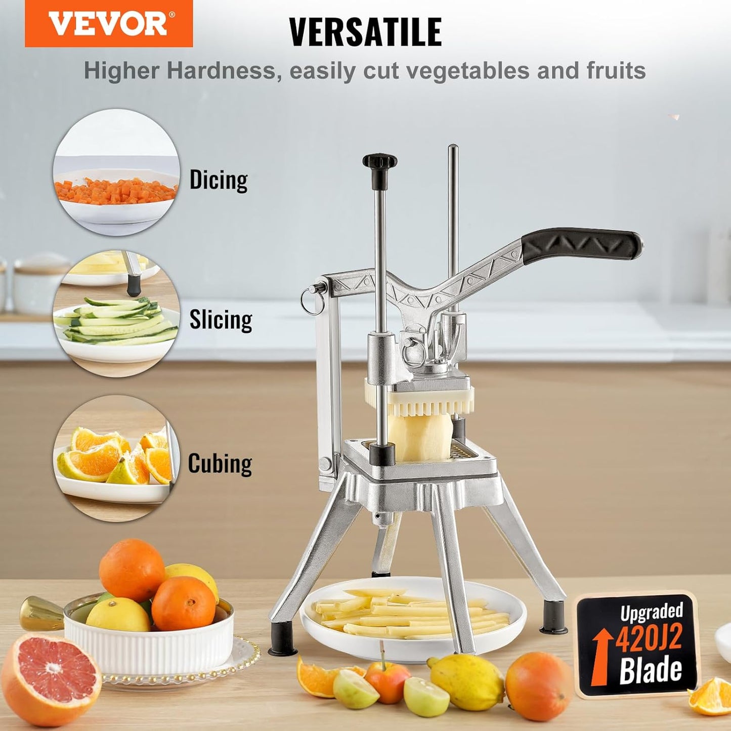 VEVOR Commercial Vegetable Chopper w/ 4 Replacement Blades, Stainless Steel French Fry Cutter Potato Dicer & Fruit Slicer for Restaurants & Home Kitchen