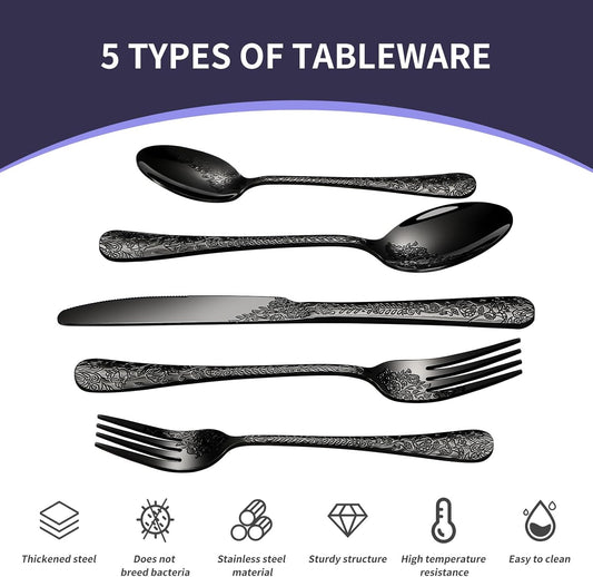 Floral 20 Pcs Black Silverware Set for 4, Food Grade Stainless Steel Flatware Set with Rose Flower Embossed Design, Eating Utensils Sets Include Fork/Knife/Spoon, Reusable Cutlery Set, Dishwasher Safe