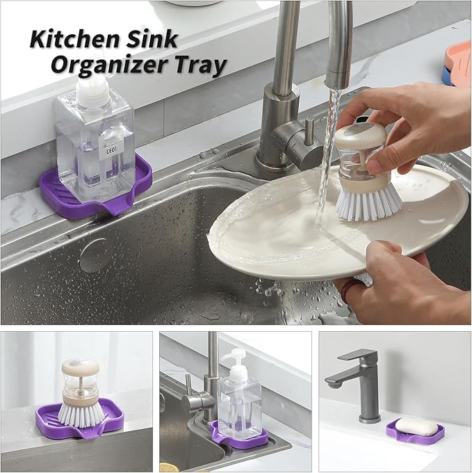 Silicone Bathroom Soap Dishes with Drain Spout-Bathroom and Kitchen Sink Organizer,Sponge Holder,Dish Soap Tray,Perfect for Dispenser,Scrubber,Bottle,Cup on Sink or Counter-Purple 4.9"×3.2"