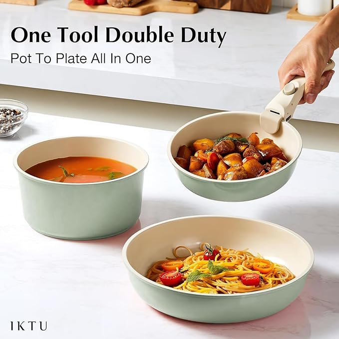 Ceramic Pots and Pans Set Non Stick Green, 8 Pcs Nonstick Cookware Set with Detachable Handle RV Camping Induction Kitchen Cookware Set Non Stick, PFAS PFOA & PTFE Free