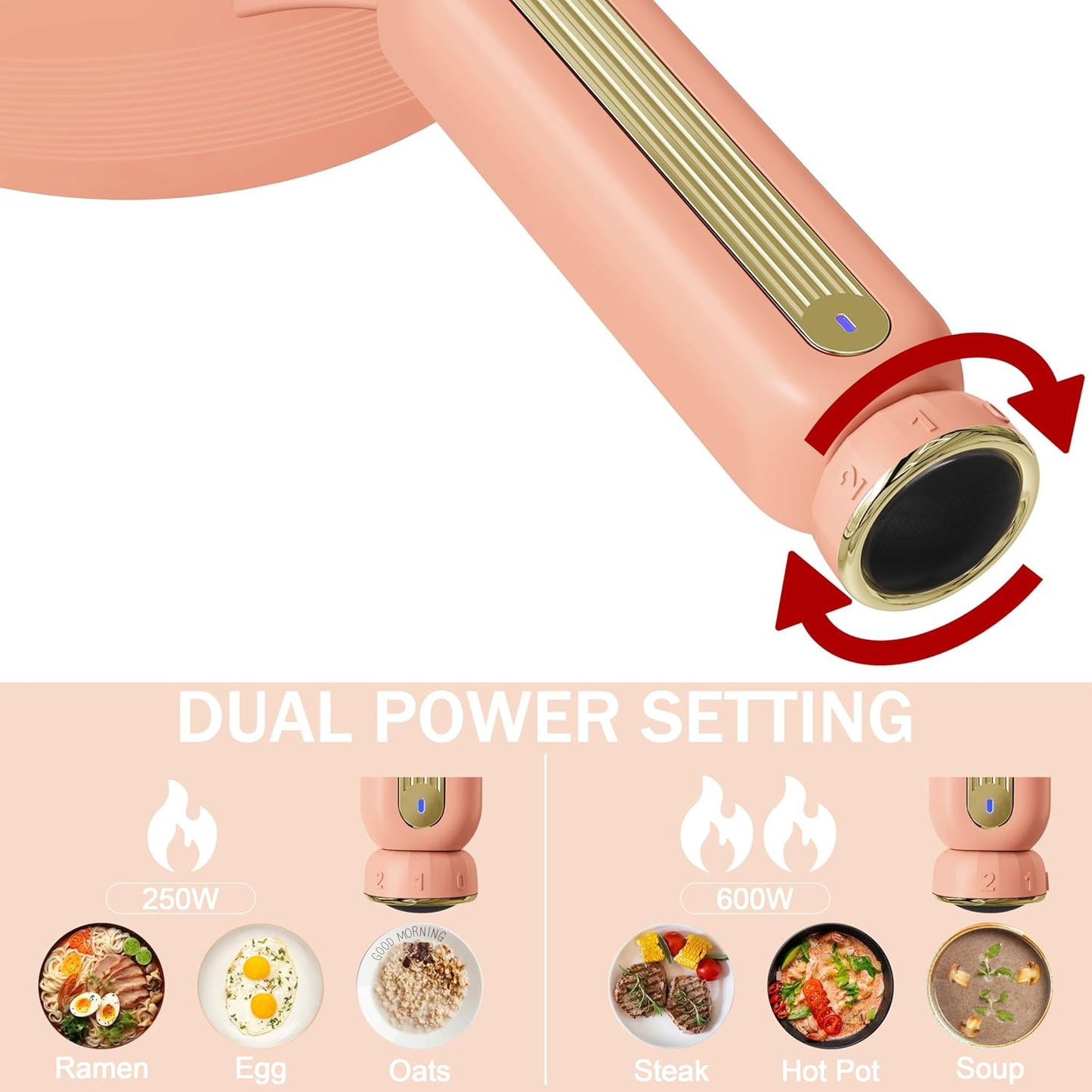 TOPWIT Hot Pot Electric, 𝟐𝐋 Electric Pot, Portable Non-Stick Portable Cooker, Sauté Pan for Steak, Egg, Fried Rice, Ramen, Soup with Dual Power Control (Silicone Spatula Included), Peach