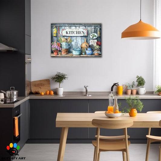 GUTTATY Kitchen Pictures Wall Decor, Farmhouse Wall Art Colorful Flowers and Various Spoons Painting for Dinning Room Restaurant Decor, Mother's Day Gift for Grandma Mom Hanging Artwork 24×36 Inch