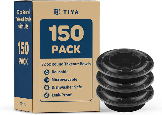 TIYA Food Containers – 32 oz Bulk 150 Pack with Lids – Plastic To-Go Round Bowls – Reusable, Microwavable, Dishwasher Safe – Leak-Proof, Great for Meal Prep – BPA-Free