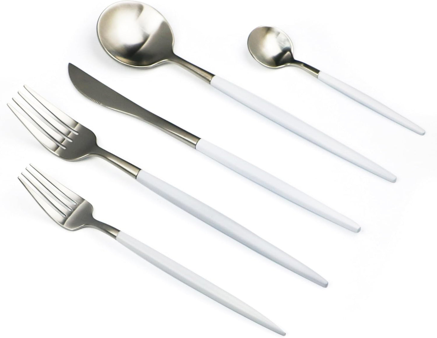 Customized 20-Piece 18/10 Stainless Steel Flatware Set, Serive for 4, With Fork Spoons Knife Teaspoon Dessert Fork for Home Kitchen Restaurant Hotel (White + Silver)