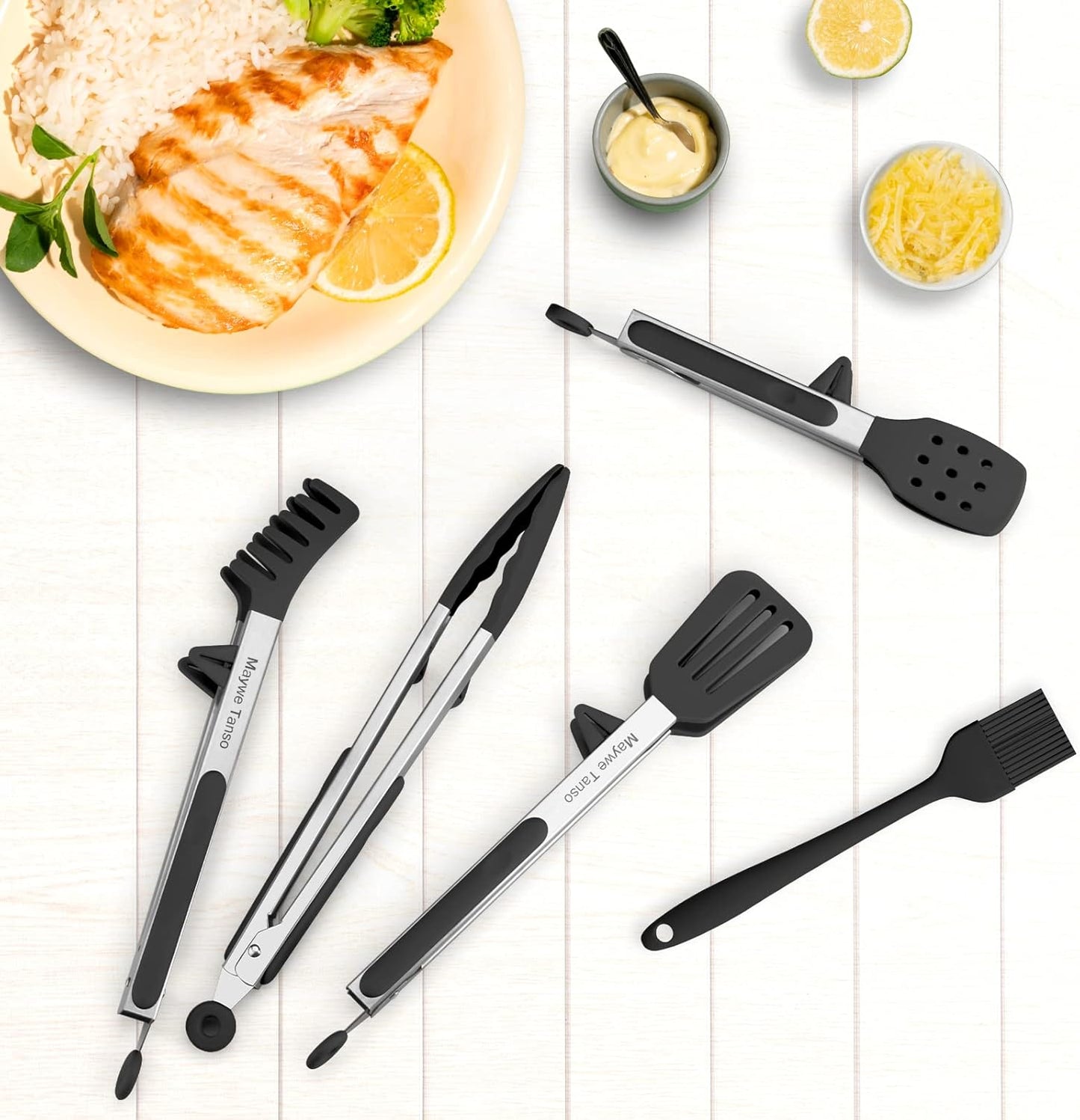 5-Pack Silicone Tongs for Cooking,Maywe Tanso 4PCS 13-Inch Kitchen Tongs with Silicone Tips,Nonstick Stainless Steel Tong for Steak Pie Pizza Pasta Spaghetti Salad BBQ Buffet,Plus Brush