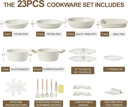 23PCS Ceramic Nonstick Cookware Set, Nonstick Detachable Handle Ceramic Cookware, Induction Kitchen Cooking Set with Removable Handle,include Frying Pans & Saucepans Oven Safe, Stackable Set