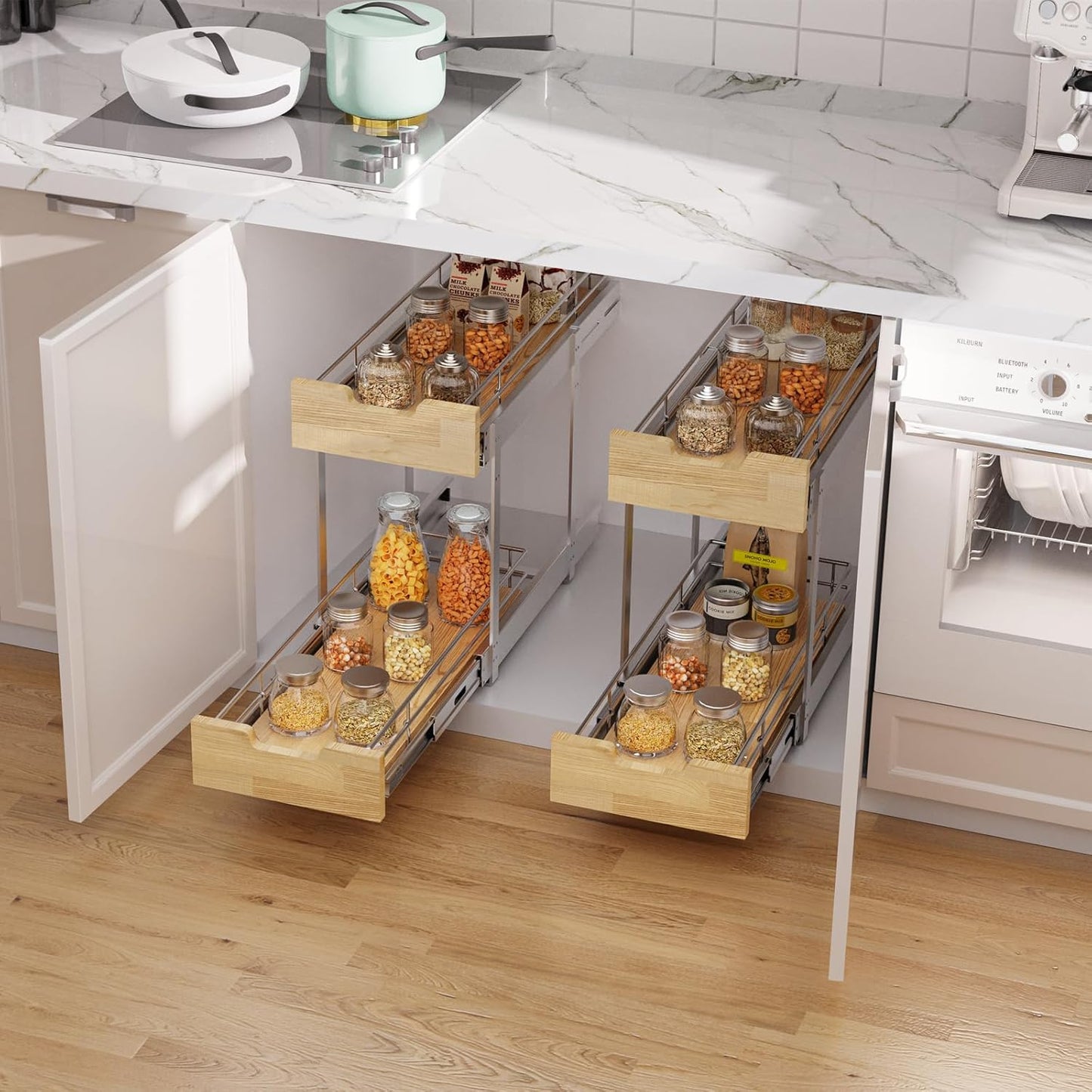 Pull Out Cabinet Organizer,Heavy-Duty Slide Out Shelf, Wood and Wire Basket, Pull Out Drawer for for Kitchen Under Sink Space, Pantry, Bathroom, 2 Tie 9 * 21 in