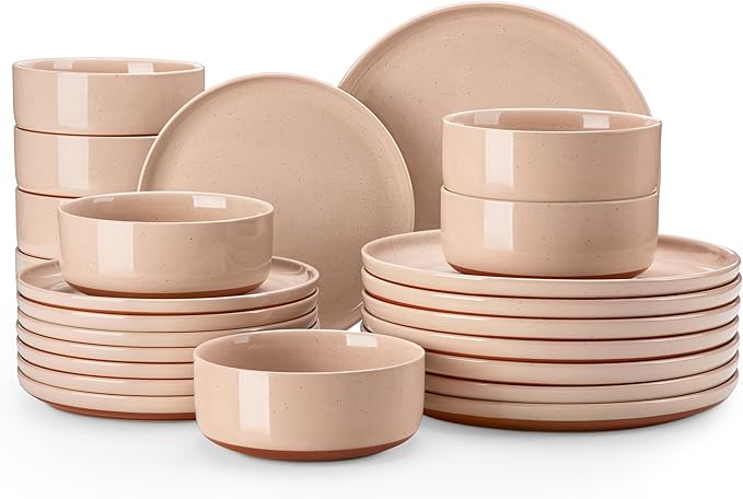 MALACASA Plates and Bowls Sets, 24 Pieces Modern Ceramic Dinnerware Set for 8 Kitchen Dinner Set Stoneware Dishware Dishes Set Microwave and Dishwasher Safe, Pink, Series TARA
