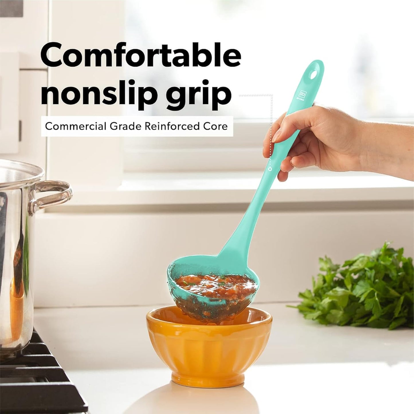 DI ORO Silicone Ladle & Spoons for Cooking – Large Kitchen Spoons for Mixing, Serving, & Stirring - Soup Ladle with Wide Bowl - High Heat Silicone Kitchen Utensils for Nonstick Cookware Safe (Mint)