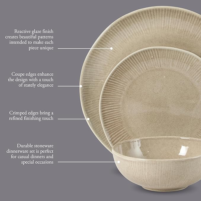 Gibson Elite Sandy Pines Stoneware Plates and Bowls Set - 12 Piece Reactive Glaze Dinnerware Set - Service for 4 - Dishwasher and Microwave Safe - Cream Taupe