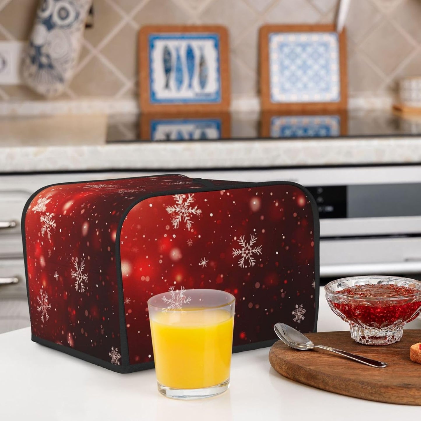 Toaster Cover 4 Slice Red Christmas Snowflake Xmas Glitter Kitchen Small Appliance Covers with Pockets Dust and Fingerprint Protection