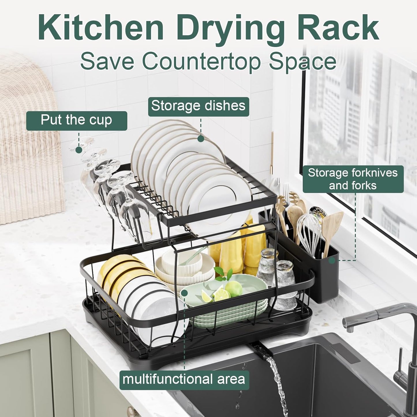 LIYI Dish Drying Rack,Large Dish Rack for Kitchen Counter,2-Tier Dish Racks with draining Tray,Detachable Capacity Dish Drainer Organizer,Black